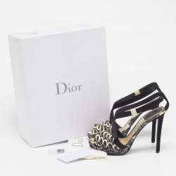 Pre Owned Dior Size 36.5 Black/White Satin and Water Snakeskin Ankle Strap Sandals