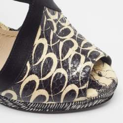Pre Owned Dior Size 36.5 Black/White Satin and Water Snakeskin Ankle Strap Sandals