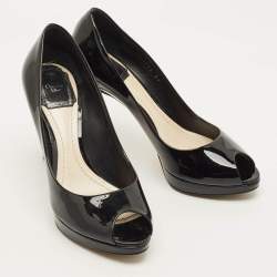 Pre Owned Dior Diorella Size 37 Black Patent Leather Peep Toe Pumps