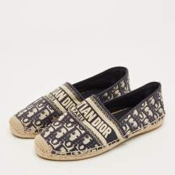 Pre Owned Dior Granville Size 39 Navy Blue/White Oblique Canvas Espadrille Flats