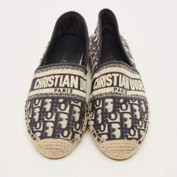 Pre Owned Dior Granville Size 39 Navy Blue/White Oblique Canvas Espadrille Flats