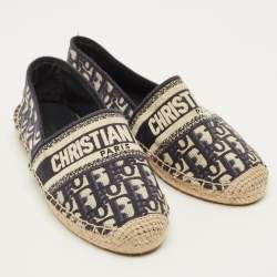 Pre Owned Dior Granville Size 39 Navy Blue/White Oblique Canvas Espadrille Flats