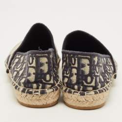 Pre Owned Dior Granville Size 39 Navy Blue/White Oblique Canvas Espadrille Flats