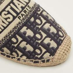 Pre Owned Dior Granville Size 39 Navy Blue/White Oblique Canvas Espadrille Flats
