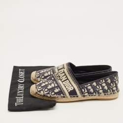 Pre Owned Dior Granville Size 39 Navy Blue/White Oblique Canvas Espadrille Flats