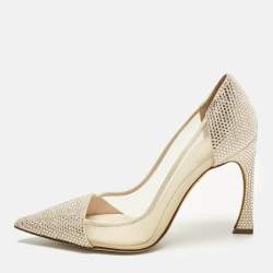 Pre Owned Dior Size 36.5 Beige Crystal Embellished Suede And Mesh Pointed Toe Pumps 