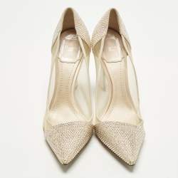 Pre Owned Dior Size 36.5 Beige Crystal Embellished Suede And Mesh Pointed Toe Pumps 