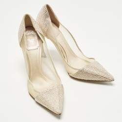 Pre Owned Dior Size 36.5 Beige Crystal Embellished Suede And Mesh Pointed Toe Pumps 