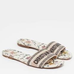 Pre Owned Dior Dway Size 42 Cream/Black Canvas Flat Slides