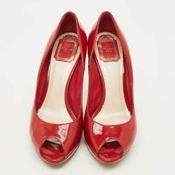Pre Owned Dior Miss Dior Size 40 Red Patent Leather Peep Toe Pumps