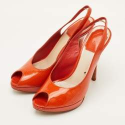 مملوكة مسبقًا Dior Size 36.5 Orange Croc Embossed Patent Leather Peep Toe Slingback Pumps