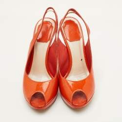 مملوكة مسبقًا Dior Size 36.5 Orange Croc Embossed Patent Leather Peep Toe Slingback Pumps