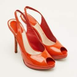 مملوكة مسبقًا Dior Size 36.5 Orange Croc Embossed Patent Leather Peep Toe Slingback Pumps