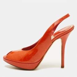 مملوكة مسبقًا Dior Size 36.5 Orange Croc Embossed Patent Leather Peep Toe Slingback Pumps
