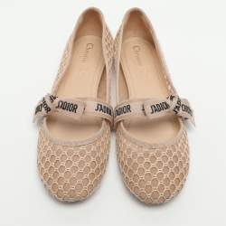 Pre Owned Dior J'Adior Size 37 Beige Mesh Ballet Flats