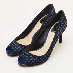 Pre Owned Dior Size 38.5 Black/Blue Cannage Suede and Satin Peep Toe Pumps