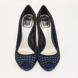 Pre Owned Dior Size 38.5 Black/Blue Cannage Suede and Satin Peep Toe Pumps