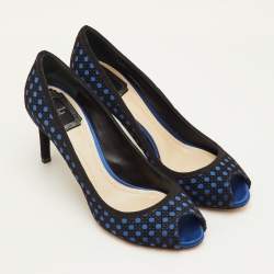 Pre Owned Dior Size 38.5 Black/Blue Cannage Suede and Satin Peep Toe Pumps