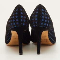 Pre Owned Dior Size 38.5 Black/Blue Cannage Suede and Satin Peep Toe Pumps