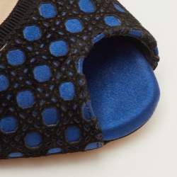 Pre Owned Dior Size 38.5 Black/Blue Cannage Suede and Satin Peep Toe Pumps