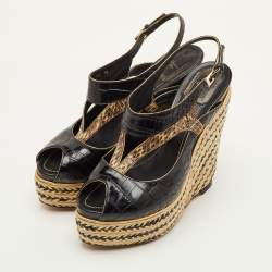 Pre Owned صندل ديور جلد أسود/بيج مع بصمة جلد التمساح وراڤيا منسوجة مع جلد بايثون مقاس 40