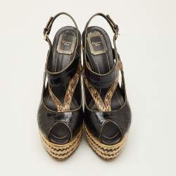 Pre Owned صندل ديور جلد أسود/بيج مع بصمة جلد التمساح وراڤيا منسوجة مع جلد بايثون مقاس 40