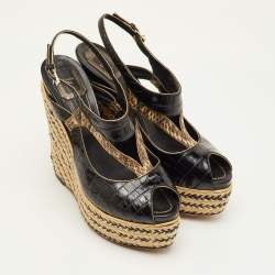 Pre Owned صندل ديور جلد أسود/بيج مع بصمة جلد التمساح وراڤيا منسوجة مع جلد بايثون مقاس 40