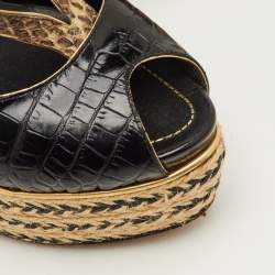Pre Owned صندل ديور جلد أسود/بيج مع بصمة جلد التمساح وراڤيا منسوجة مع جلد بايثون مقاس 40