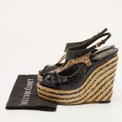 Pre Owned صندل ديور جلد أسود/بيج مع بصمة جلد التمساح وراڤيا منسوجة مع جلد بايثون مقاس 40