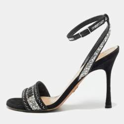 Pre Owned Dior Dway Size 37.5 Black Canvas Crystal Embellished Ankle Strap Sandals