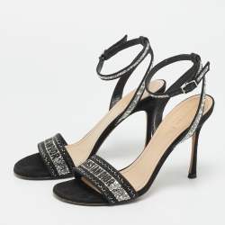 Pre Owned Dior Dway Size 37.5 Black Canvas Crystal Embellished Ankle Strap Sandals