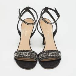 Pre Owned Dior Dway Size 37.5 Black Canvas Crystal Embellished Ankle Strap Sandals