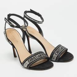 Pre Owned Dior Dway Size 37.5 Black Canvas Crystal Embellished Ankle Strap Sandals