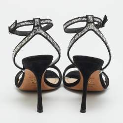 Pre Owned Dior Dway Size 37.5 Black Canvas Crystal Embellished Ankle Strap Sandals