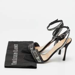Pre Owned Dior Dway Size 37.5 Black Canvas Crystal Embellished Ankle Strap Sandals