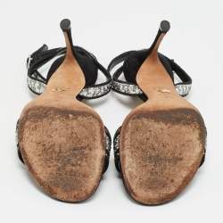 Pre Owned Dior Dway Size 37.5 Black Canvas Crystal Embellished Ankle Strap Sandals