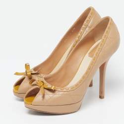Pre Owned Dior Lovely Size 37.5 Beige Leather Peep Toe Pumps