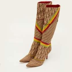 Pre Owned Dior Rasta Size 38.5 Beige/Brown Diorissimo Canvas Web Detail Knee Length Boots