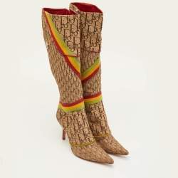 Pre Owned Dior Rasta Size 38.5 Beige/Brown Diorissimo Canvas Web Detail Knee Length Boots