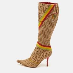 Pre Owned Dior Rasta Size 38.5 Beige/Brown Diorissimo Canvas Web Detail Knee Length Boots