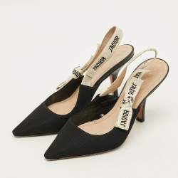 Pre Owned Dior J'Adior Size 36 Black/White Canvas and Knit Fabric Slingback Pumps