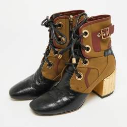 Pre Owned حذاء بوت ديور مجيد جلد وقماش أسود/بني بطول الكاحل مقاس 38