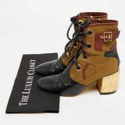 Pre Owned حذاء بوت ديور مجيد جلد وقماش أسود/بني بطول الكاحل مقاس 38