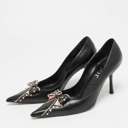 Pre Owned Dior Bow Size 37.5 Black/Pink Leather Bow Pointed Toe Pumps