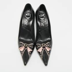 Pre Owned Dior Bow Size 37.5 Black/Pink Leather Bow Pointed Toe Pumps