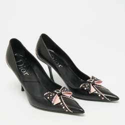 Pre Owned Dior Bow Size 37.5 Black/Pink Leather Bow Pointed Toe Pumps