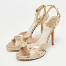 Pre Owned صندل ديور سير كاحل فيونكة ساتان وجلد بيج ميتالك مقاس 37