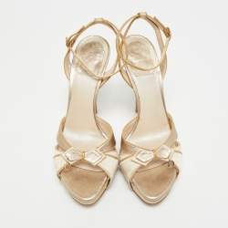 Pre Owned صندل ديور سير كاحل فيونكة ساتان وج لد بيج ميتالك مقاس 37