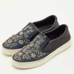 مملوكة مسبقًا Dior Happy Size 38 Black/Navy Blue Leather and Denim Crystal Embellished Slip On Sneakers