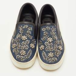 مملوكة مسبقًا Dior Happy Size 38 Black/Navy Blue Leather and Denim Crystal Embellished Slip On Sneakers